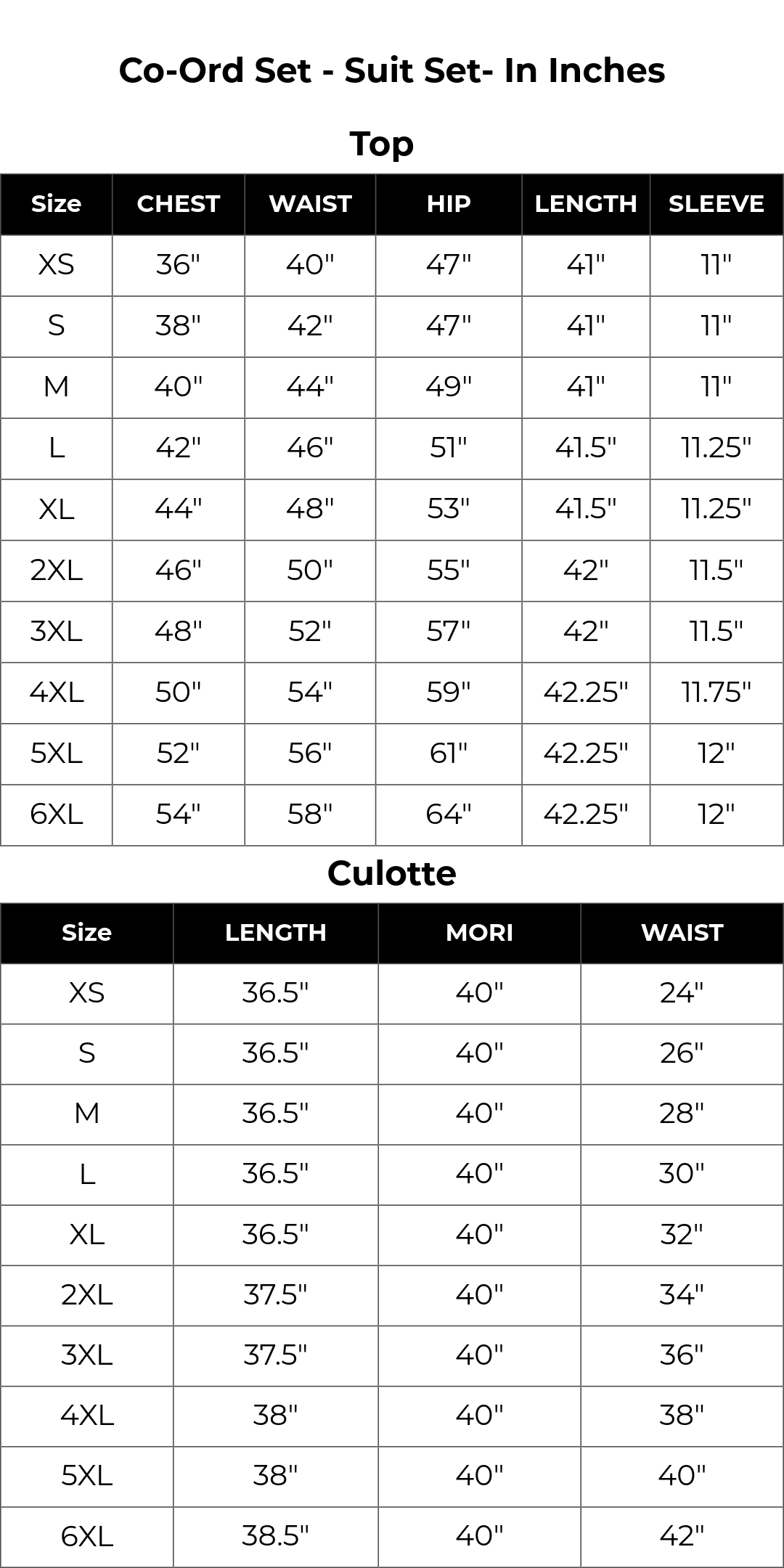 Size chart inches