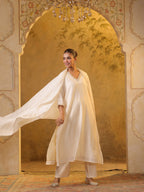 Festive MulChanderi Kurta Set with Dupatta - Off White