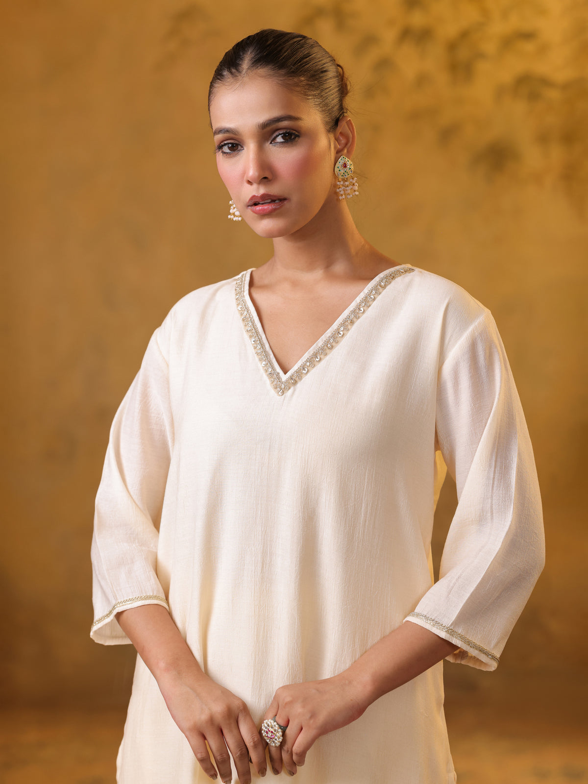 Festive MulChanderi Kurta Set with Dupatta - Off White