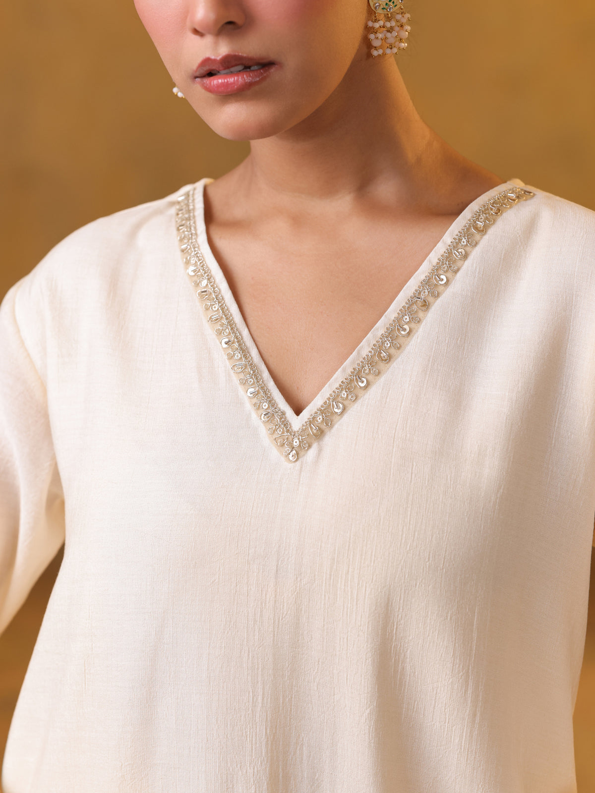Festive MulChanderi Kurta Set with Dupatta - Off White