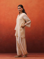 MulChanderi Short Kurta With Balloon Pant - Off White