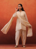 MulChanderi Short Kurta With Balloon Pant - Off White