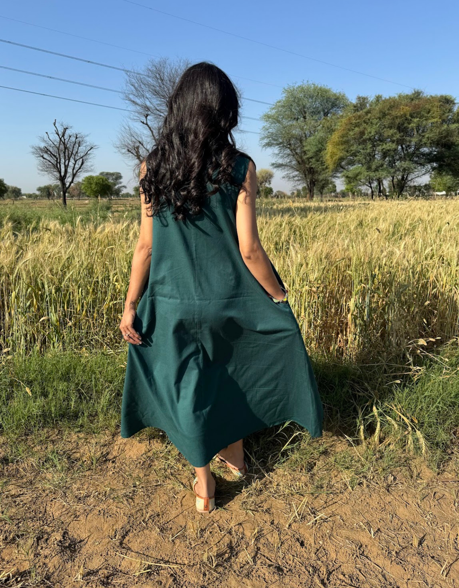 Dark Green Cotton Flex Sleeveless Long Dress