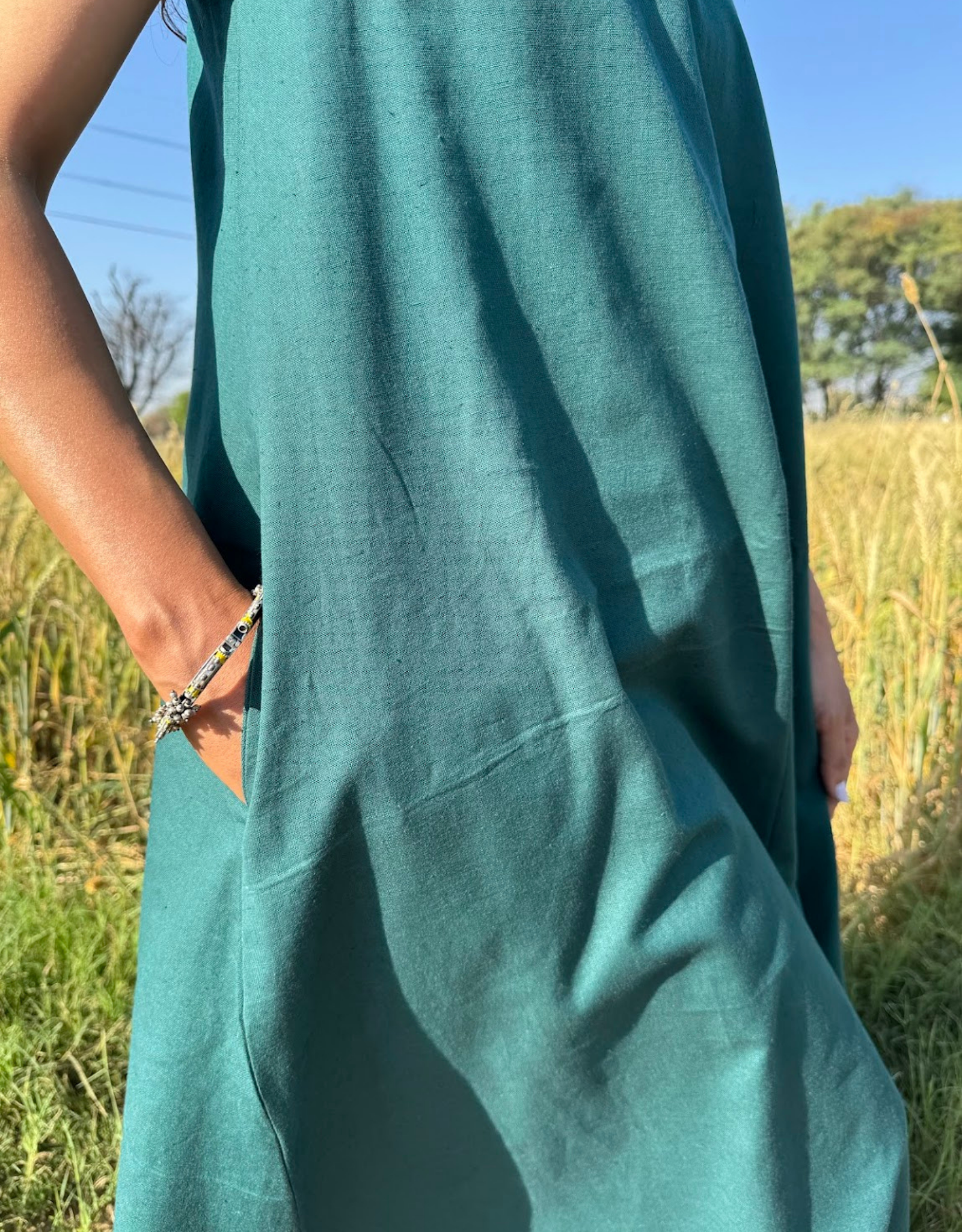 Dark Green Cotton Flex Sleeveless Long Dress