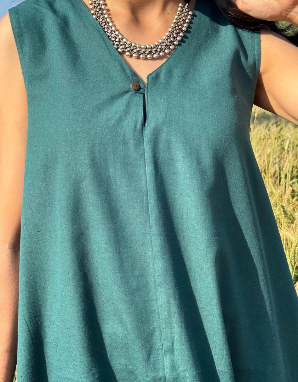 Dark Green Cotton Flex Sleeveless Long Dress