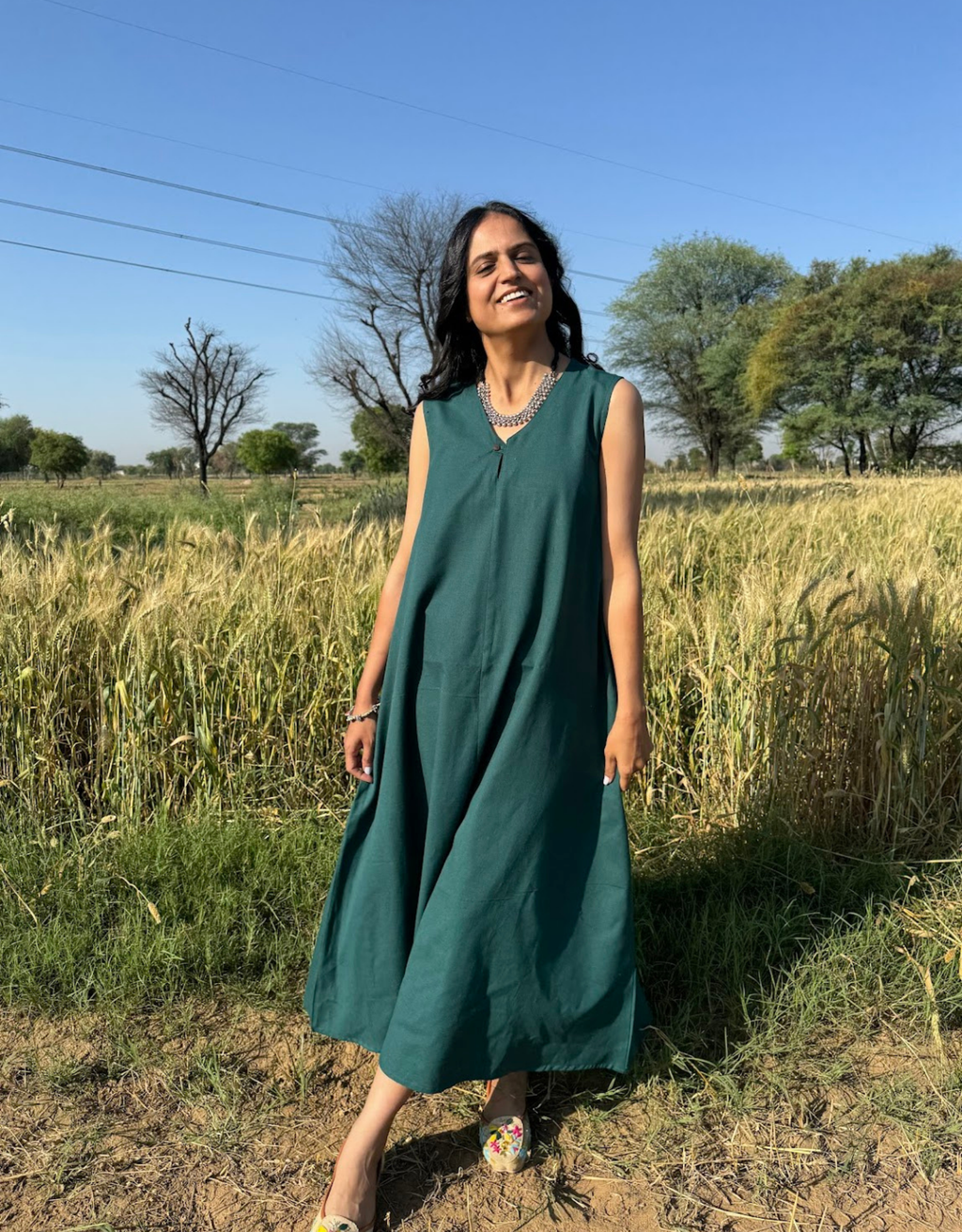 Dark Green Cotton Flex Sleeveless Long Dress