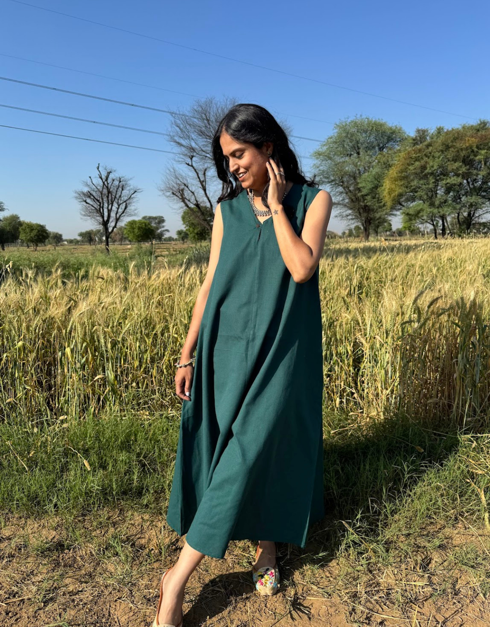 Dark Green Cotton Flex Sleeveless Long Dress