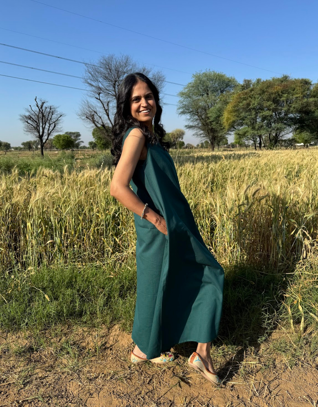 Dark Green Cotton Flex Sleeveless Long Dress