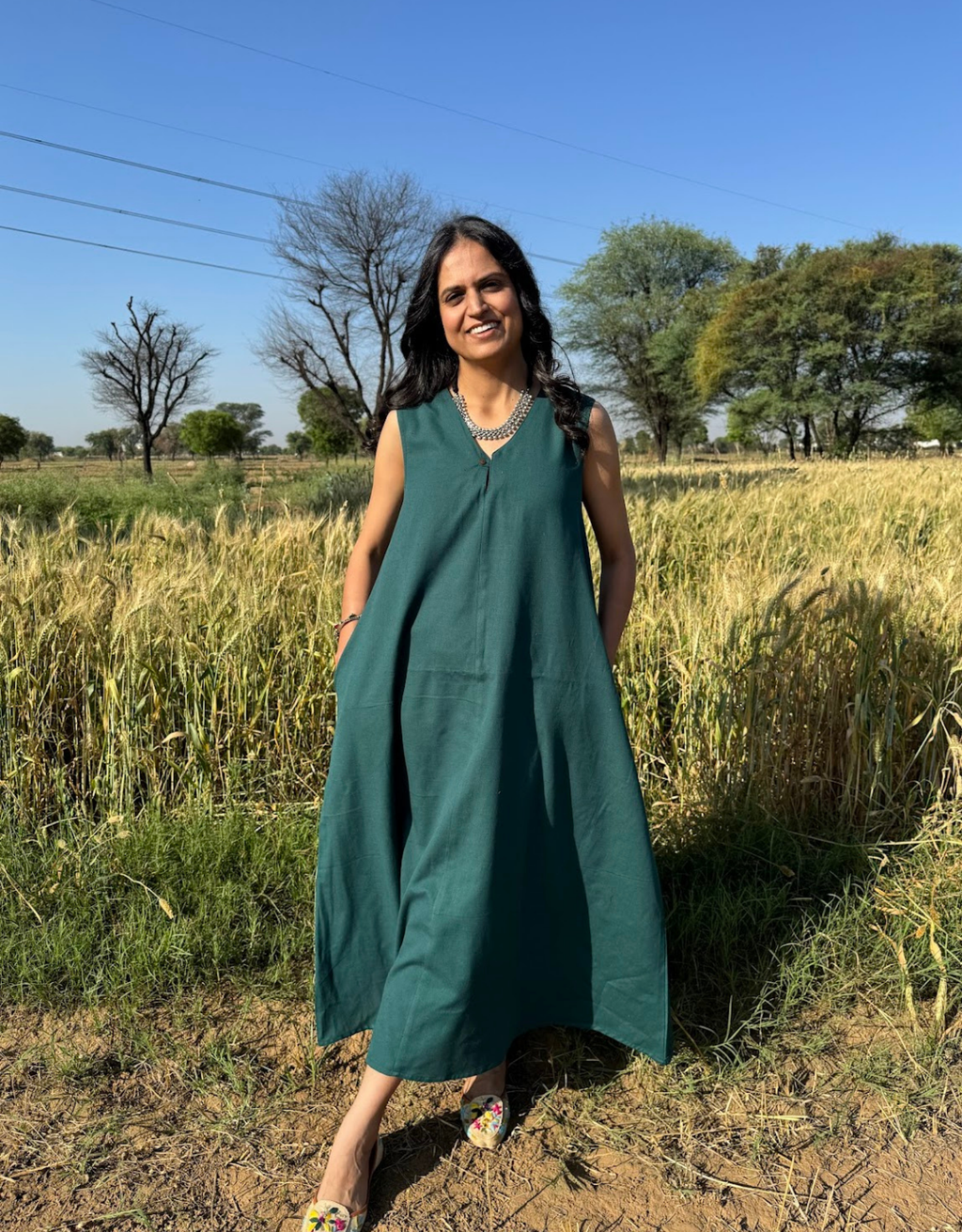 Dark Green Cotton Flex Sleeveless Long Dress