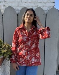 Delhi Red Floral Cotton Oversized Shirt Without Pocket