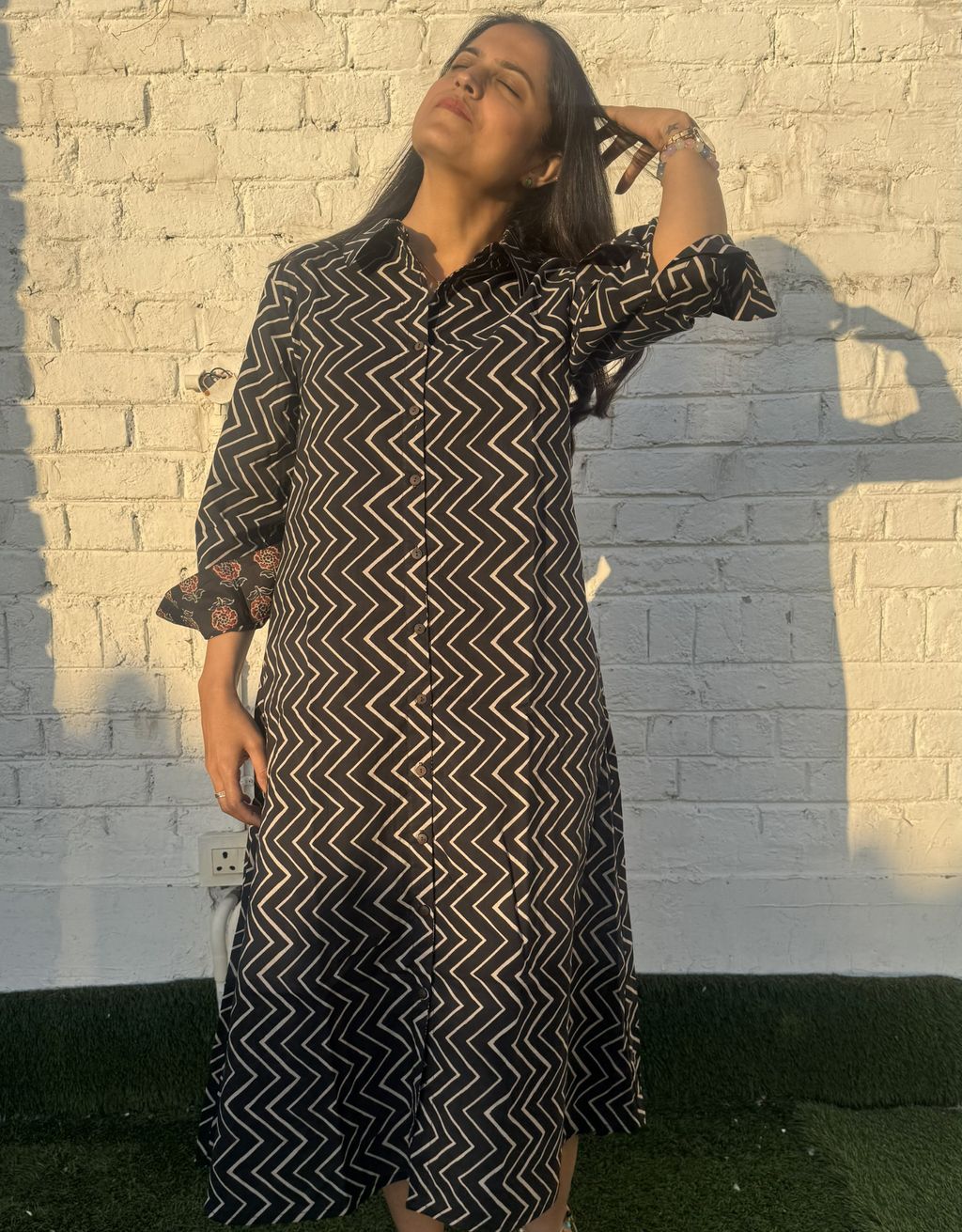 Black Zigzag Cotton Regular Fit Dress