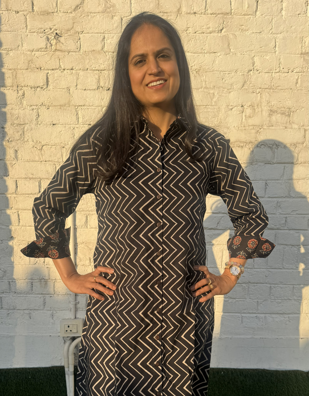 Black Zigzag Cotton Regular Fit Dress