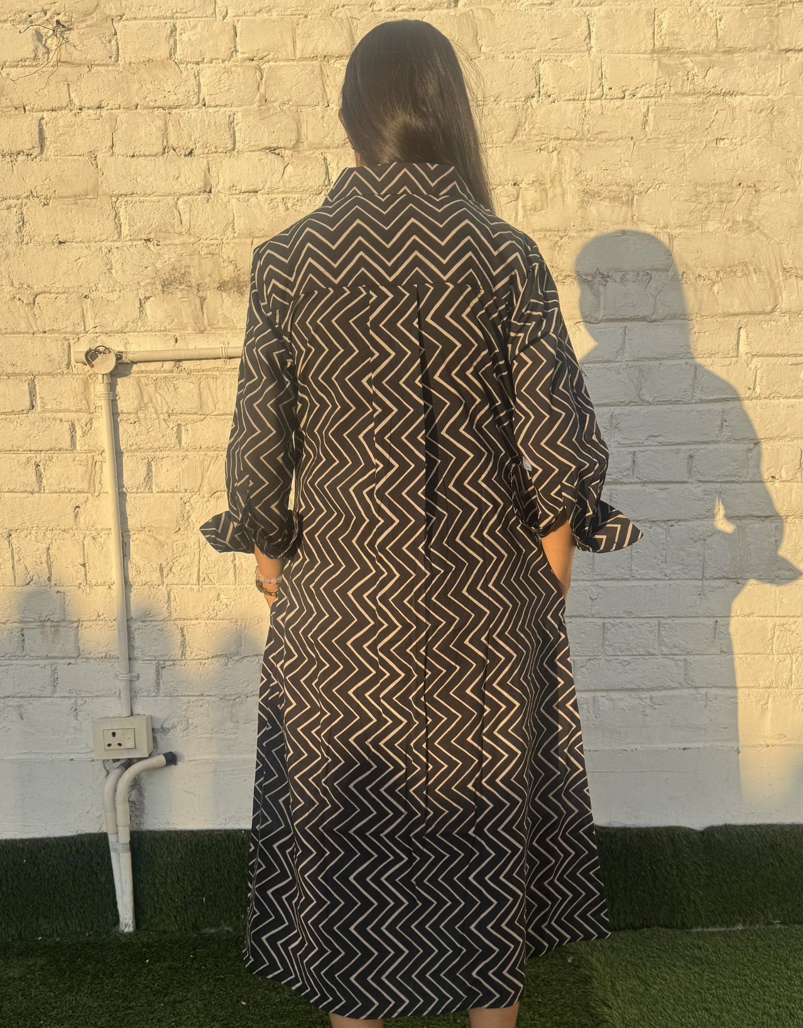 Black Zigzag Cotton Regular Fit Dress