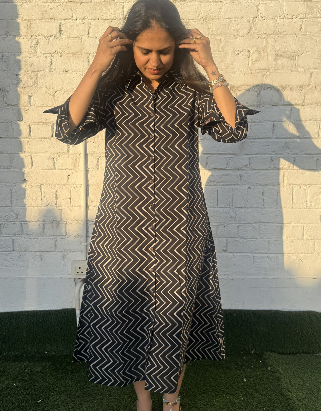 Black Zigzag Cotton Regular Fit Dress