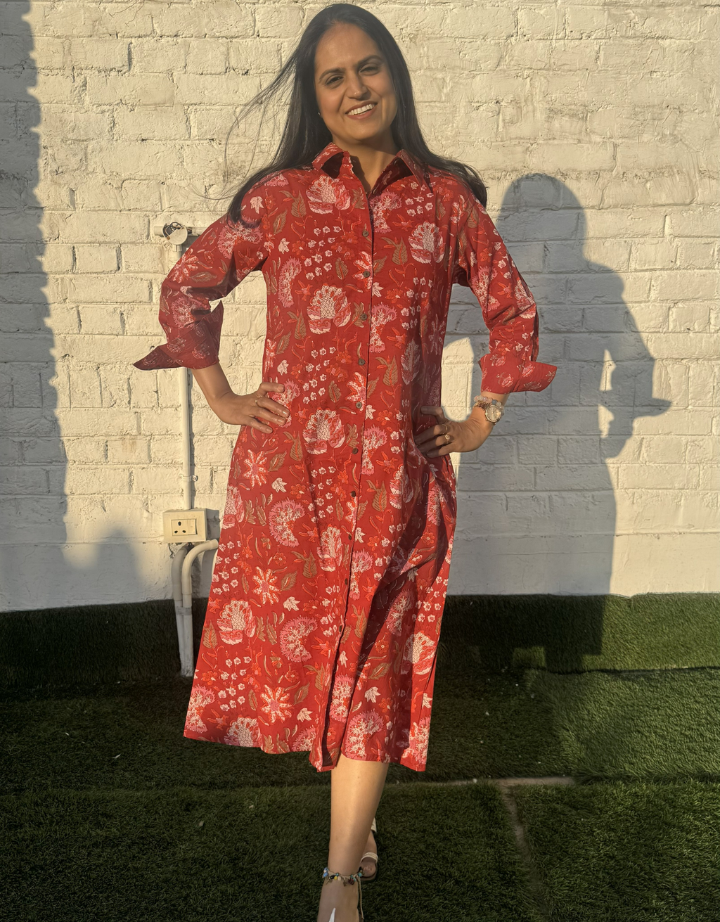 Delhi Red Floral Cotton Regular Fit Dress
