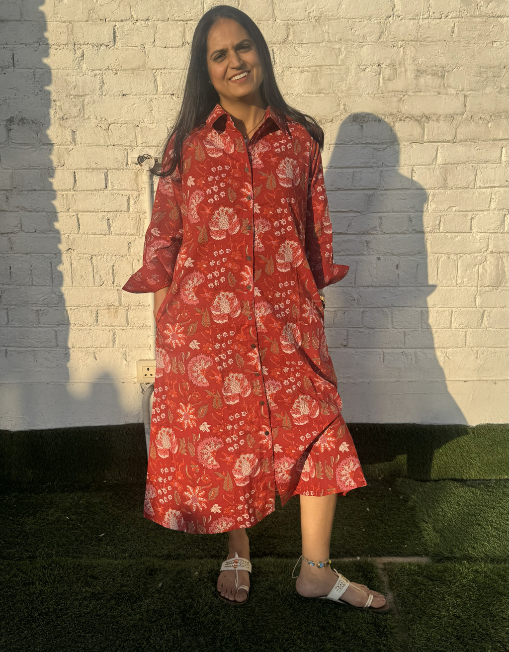 Delhi Red Floral Cotton Regular Fit Dress