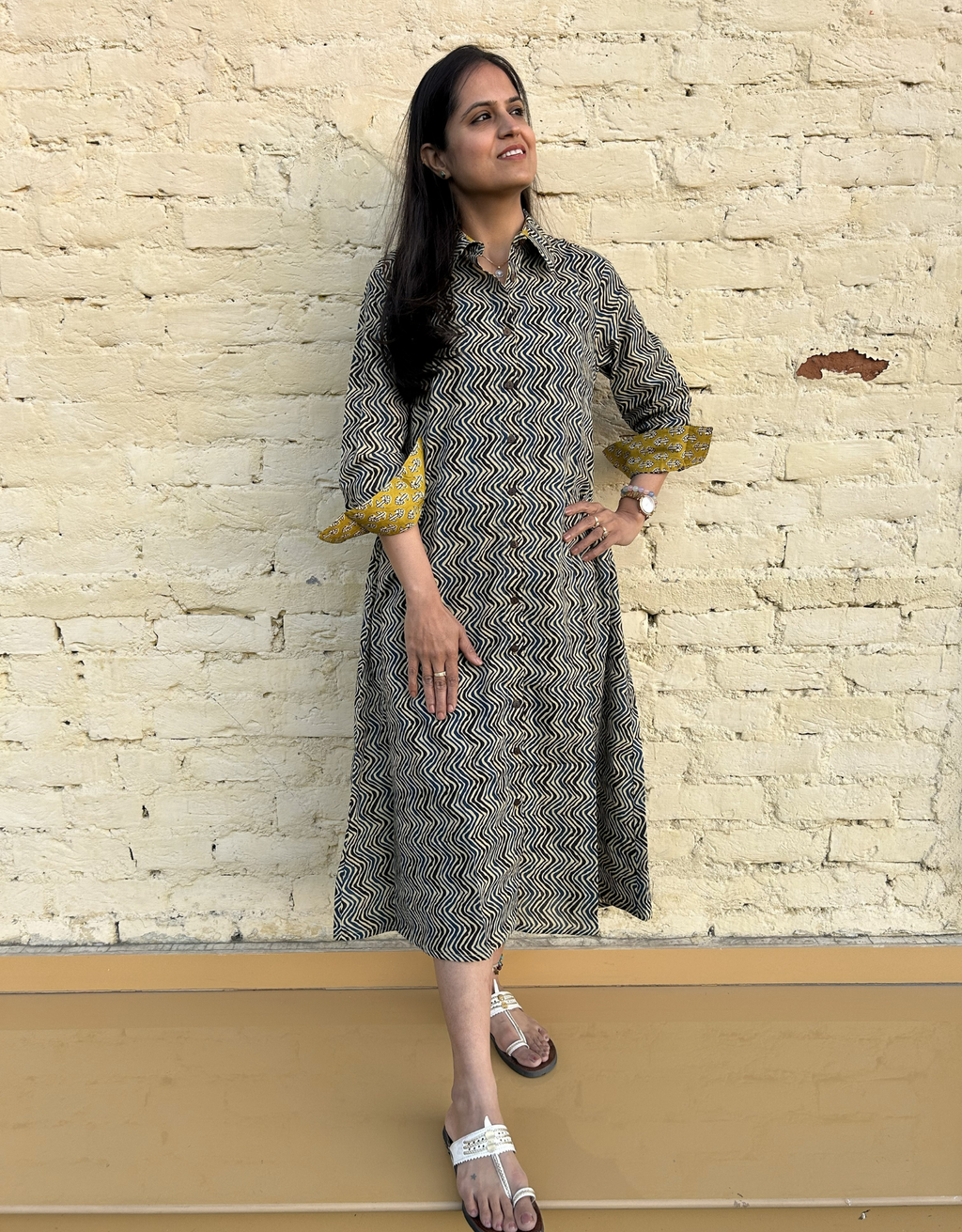 Punjab Mustard Zigzag Cotton Regular Fit Dress