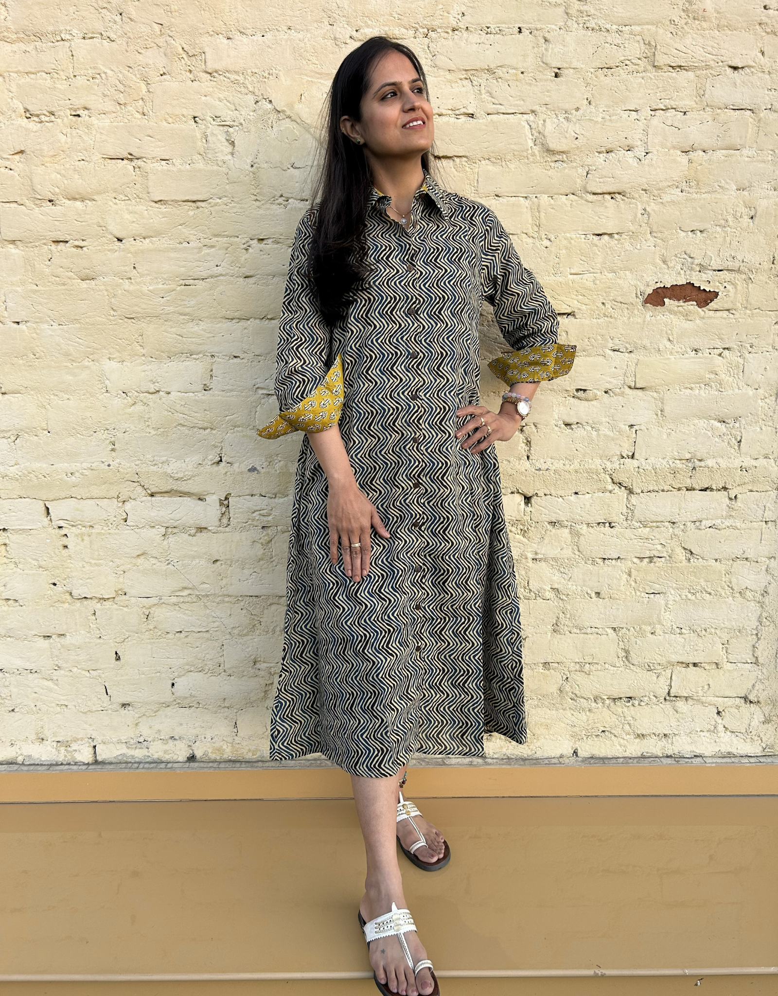 Punjab Mustard Zigzag Cotton Regular Fit Dress