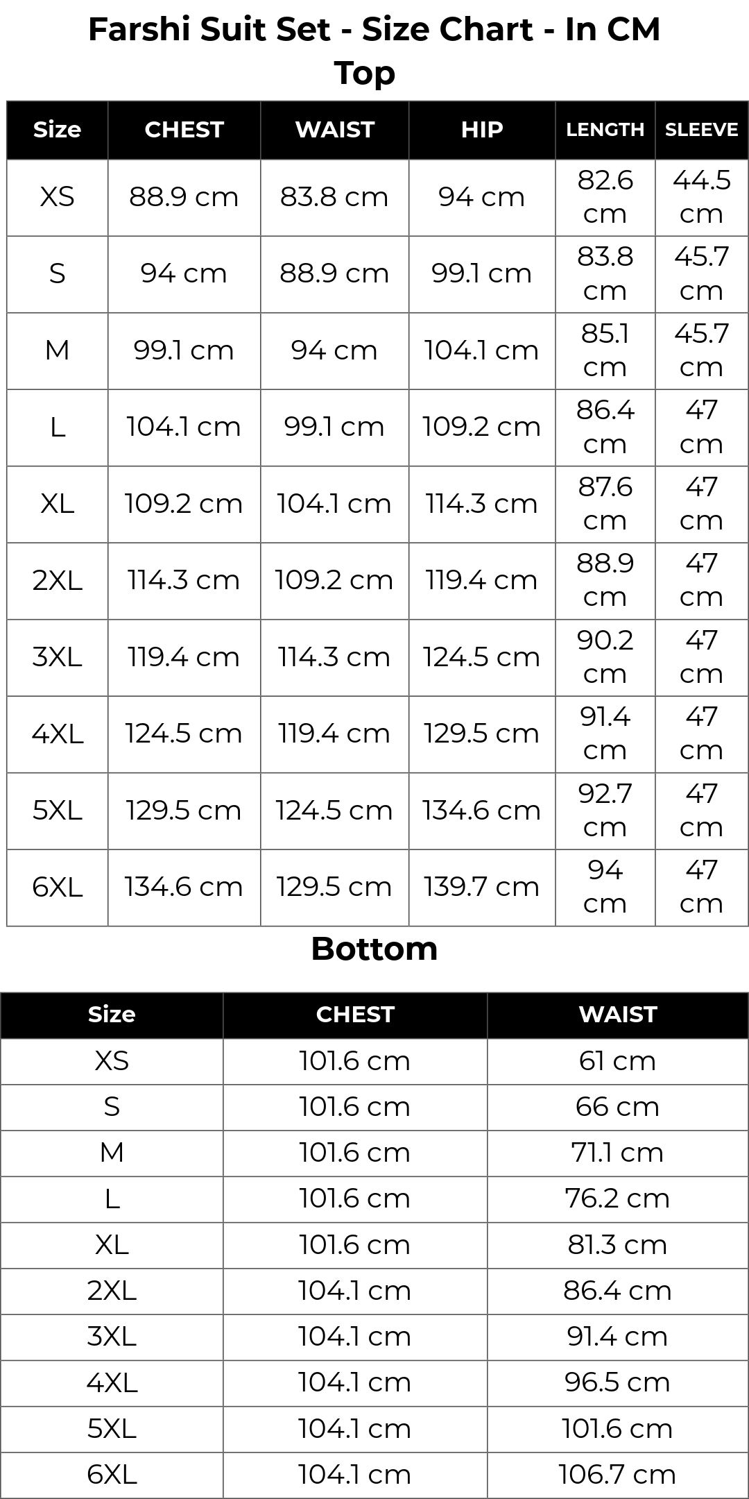 Size chart cm