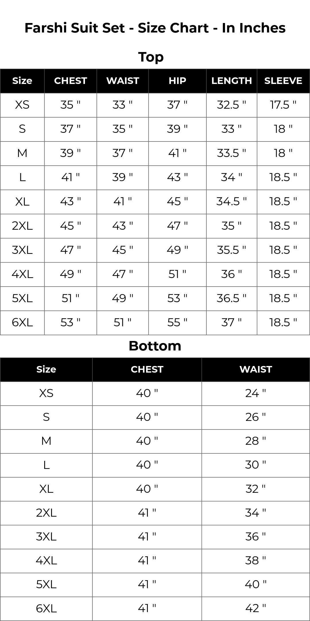 Size chart inches