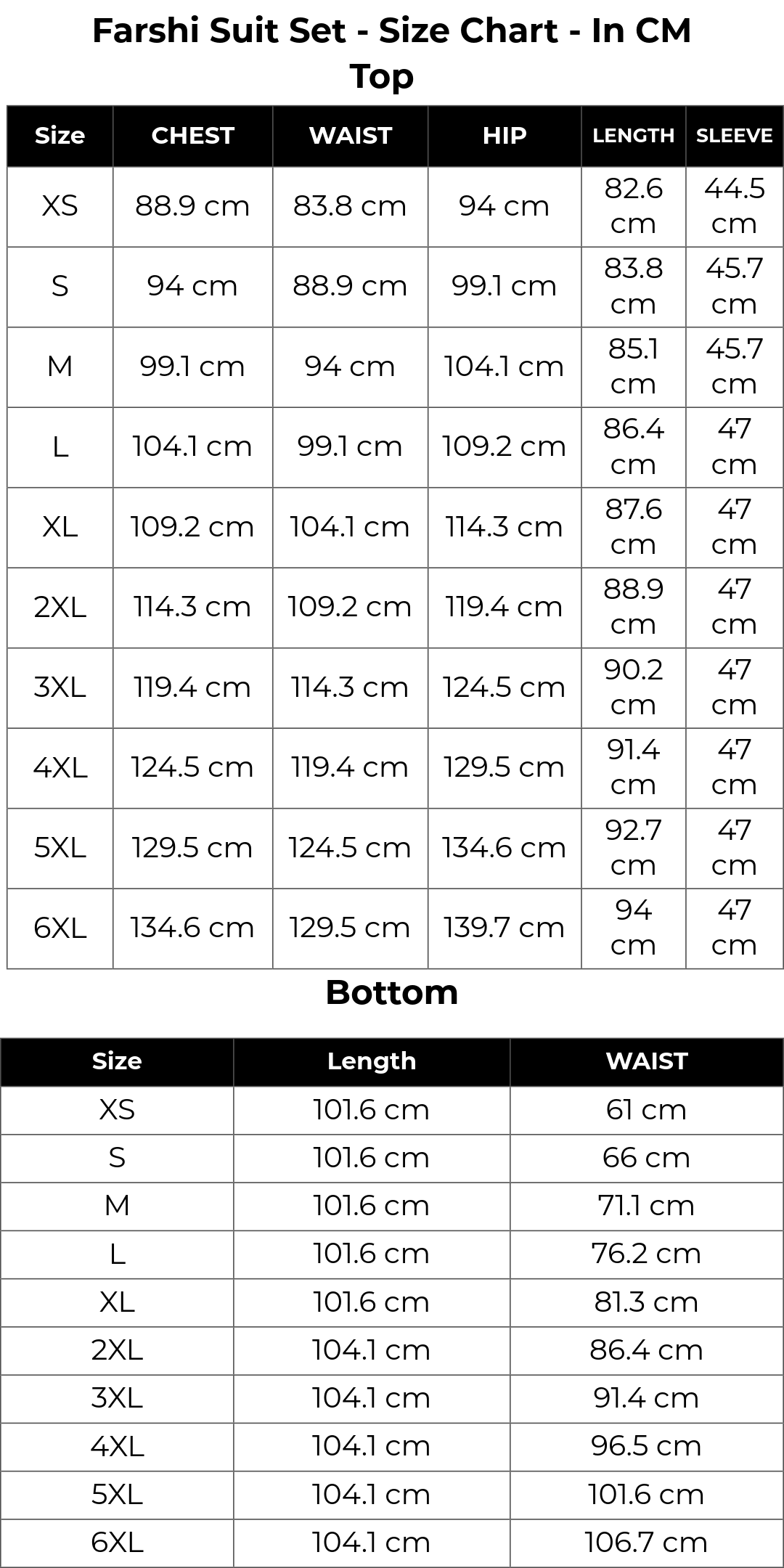 Size chart cm