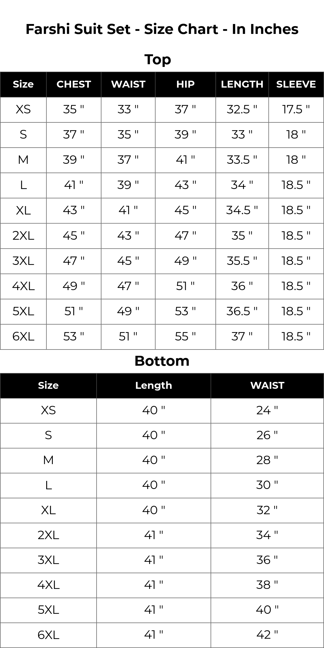 Size chart inches