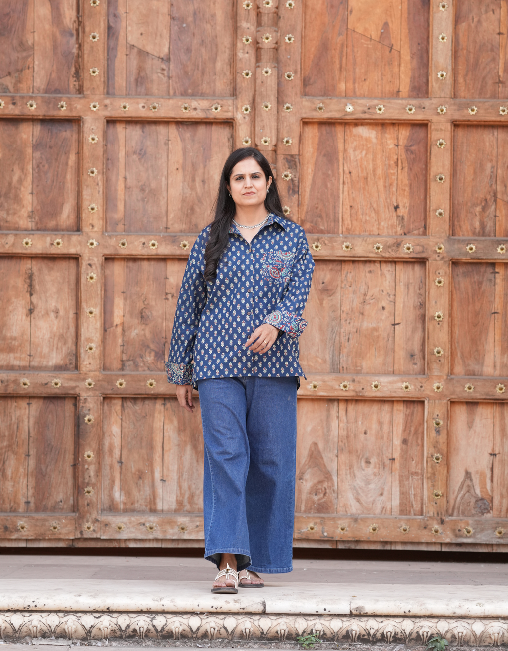 Indigo Butti Cotton Oversized Shirt