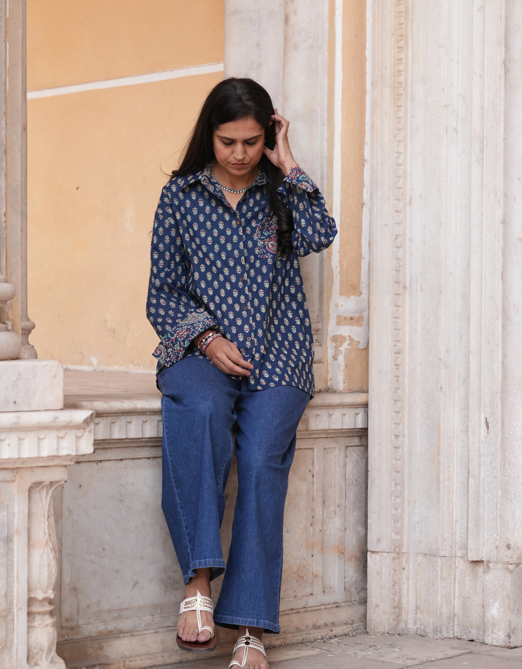 Indigo Butti Cotton Oversized Shirt