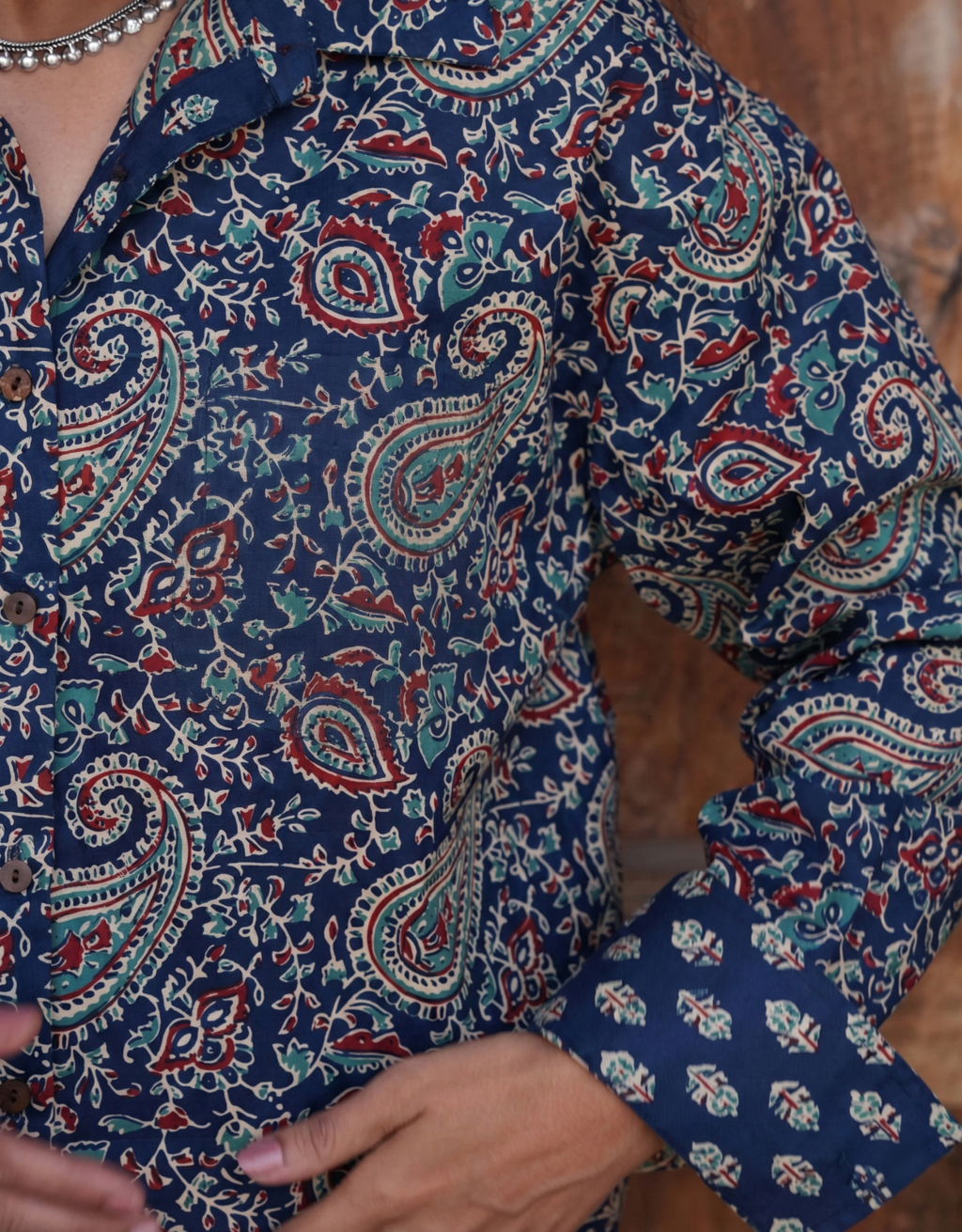 Indigo Paisley Cotton Oversized Shirt Without Pocket