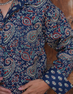 Indigo Paisley Cotton Oversized Shirt Without Pocket