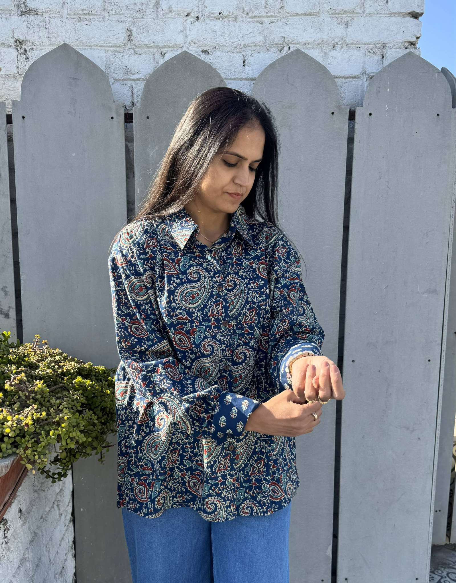 Indigo Paisley Cotton Oversized Shirt Without Pocket
