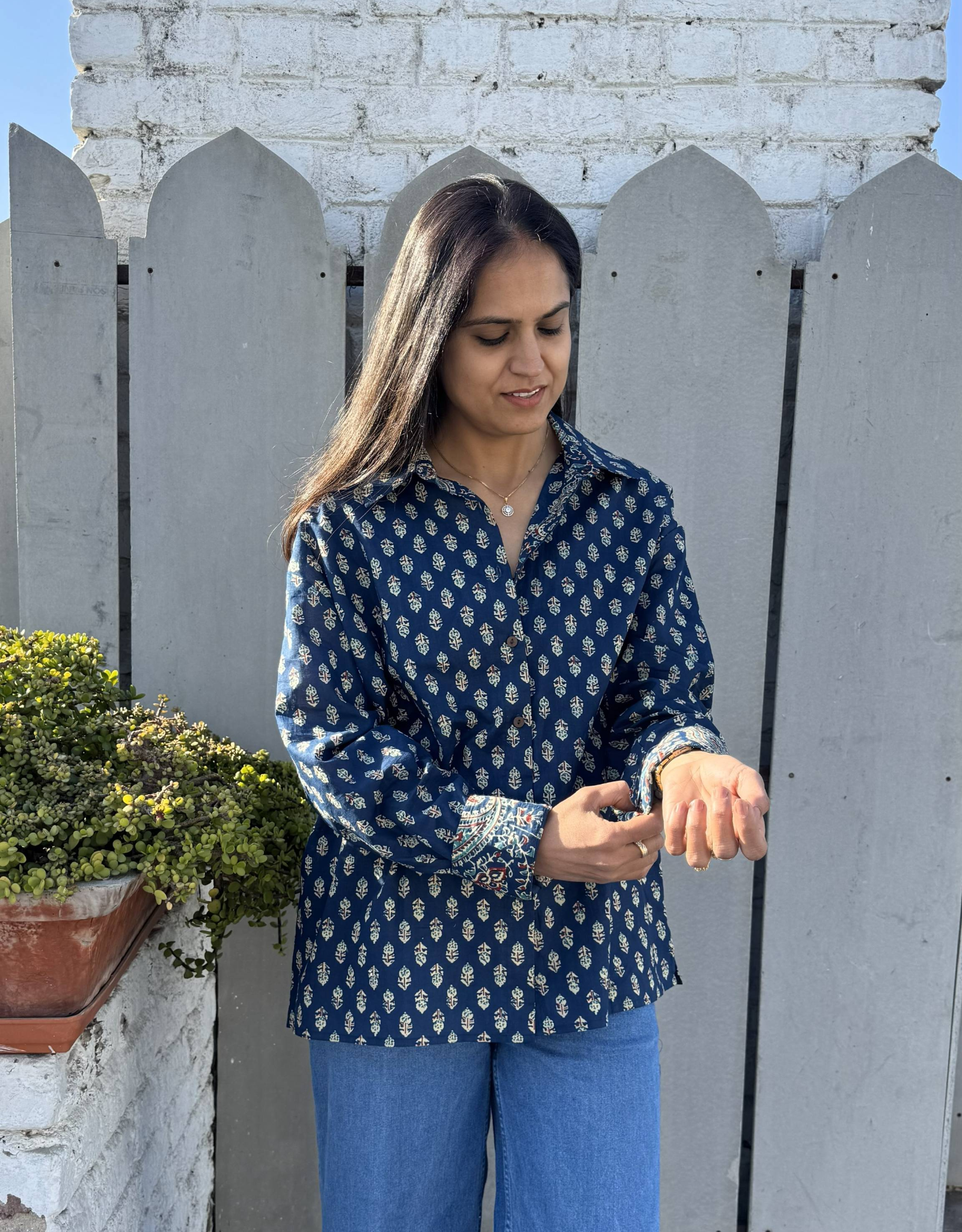 Indigo Butti Cotton Oversized Shirt Without Pocket