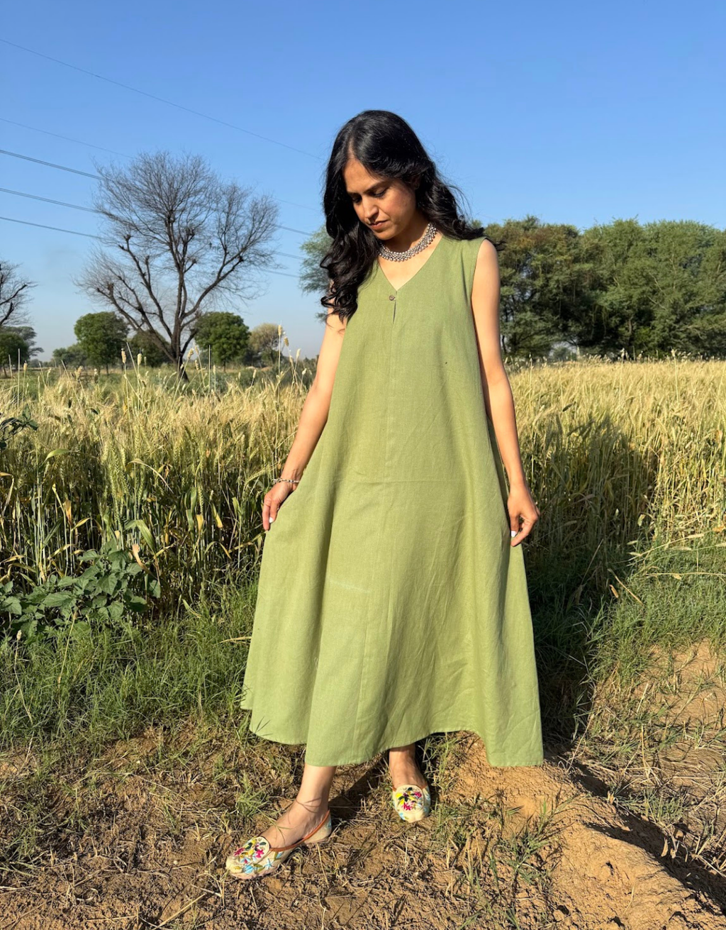Light Green Cotton Flex Sleeveless Long Dress