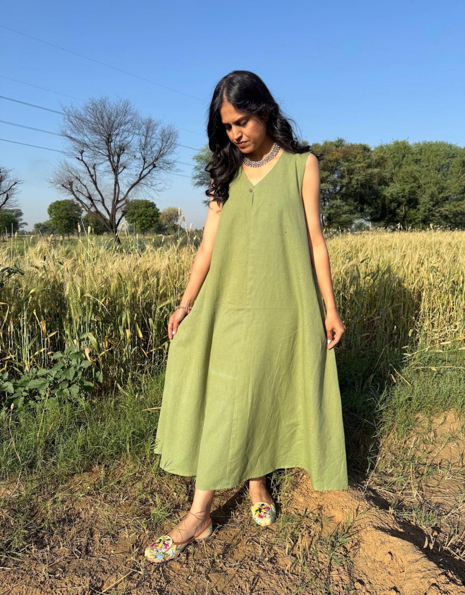 Light Green Cotton Flex Sleeveless Long Dress