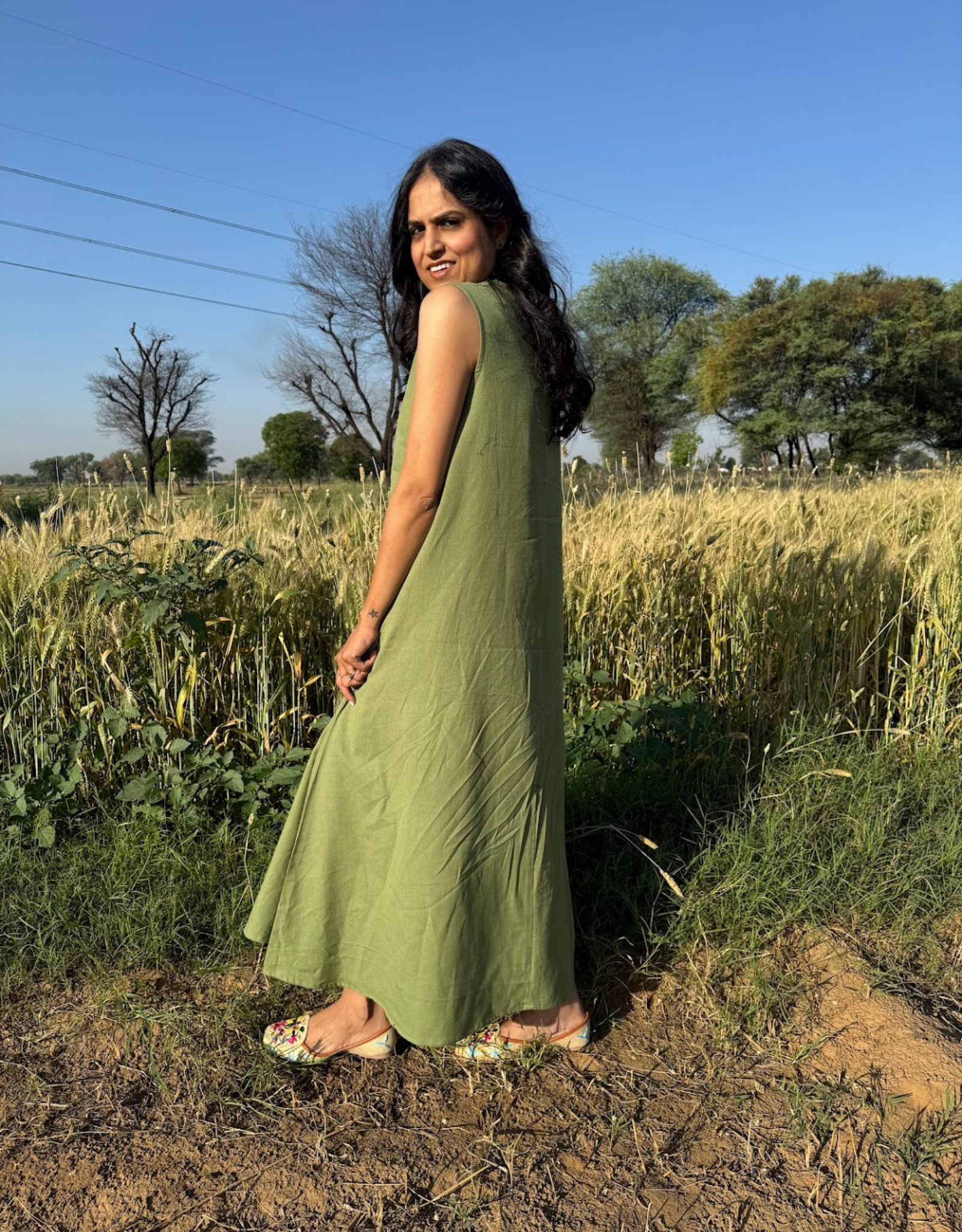 Light Green Cotton Flex Sleeveless Long Dress