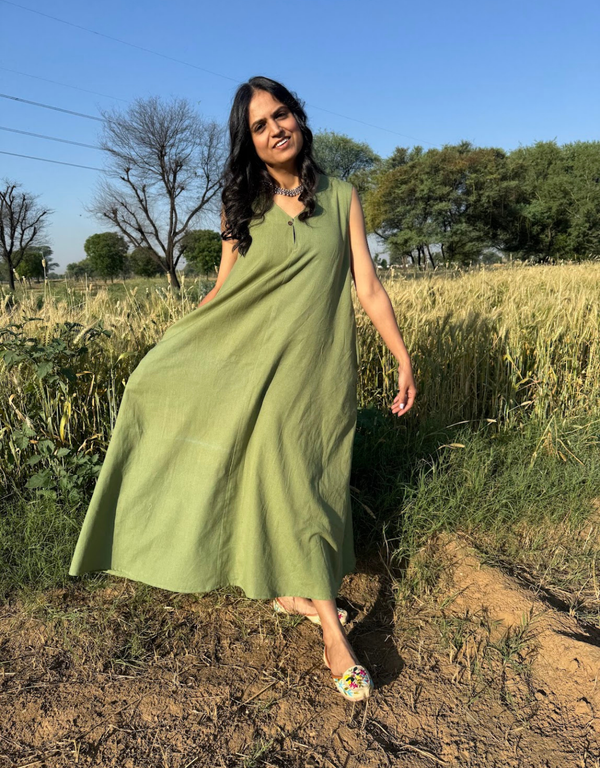Light Green Cotton Flex Sleeveless Long Dress