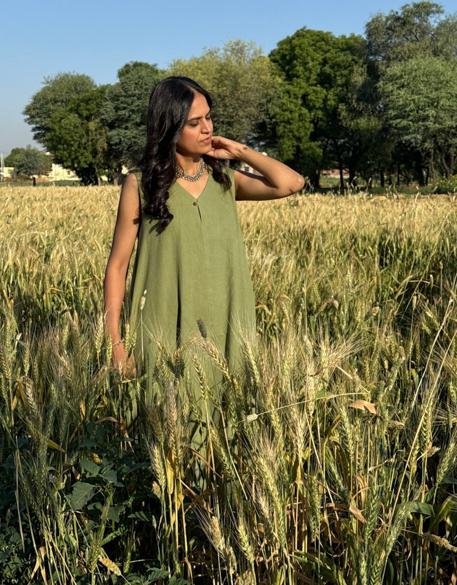 Light Green Cotton Flex Sleeveless Long Dress