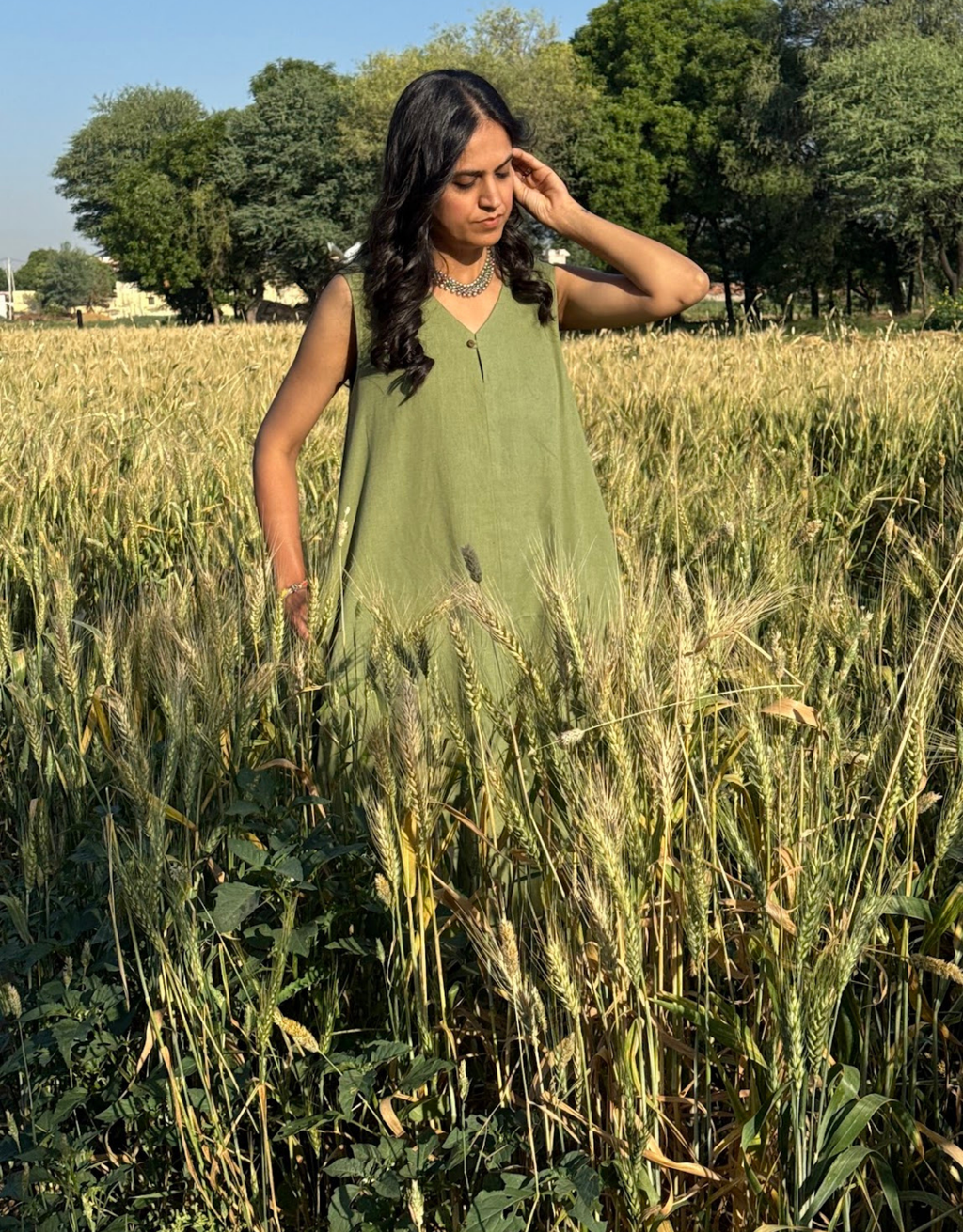 Light Green Cotton Flex Sleeveless Long Dress