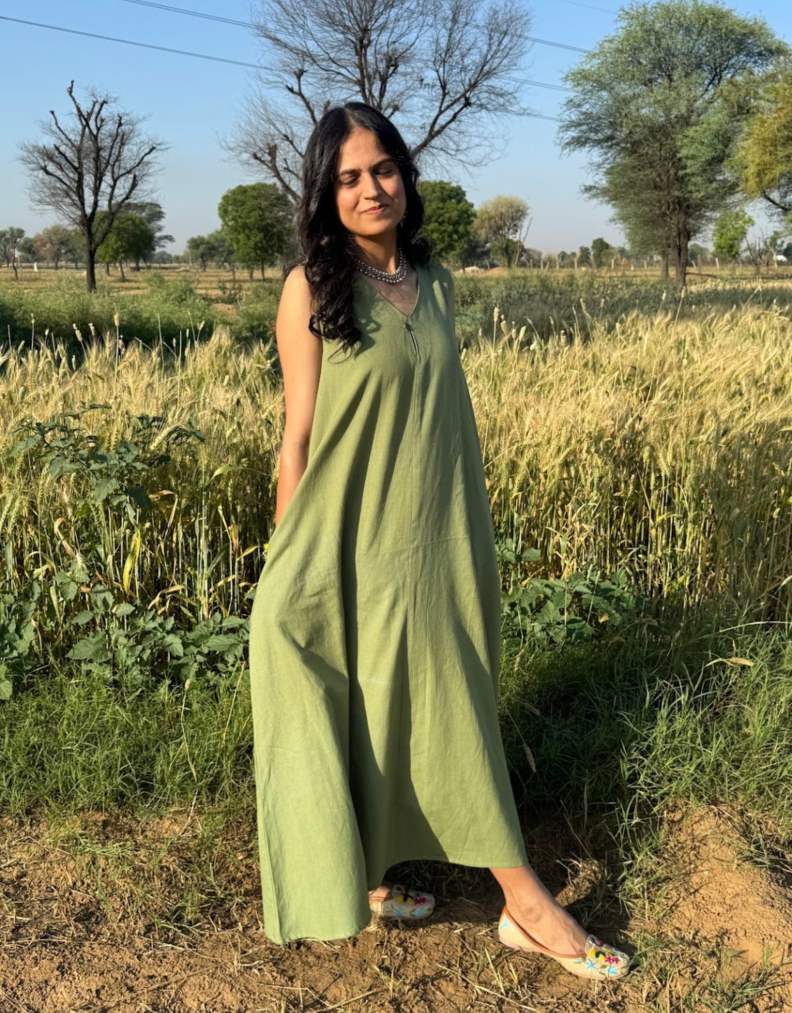 Light Green Cotton Flex Sleeveless Long Dress