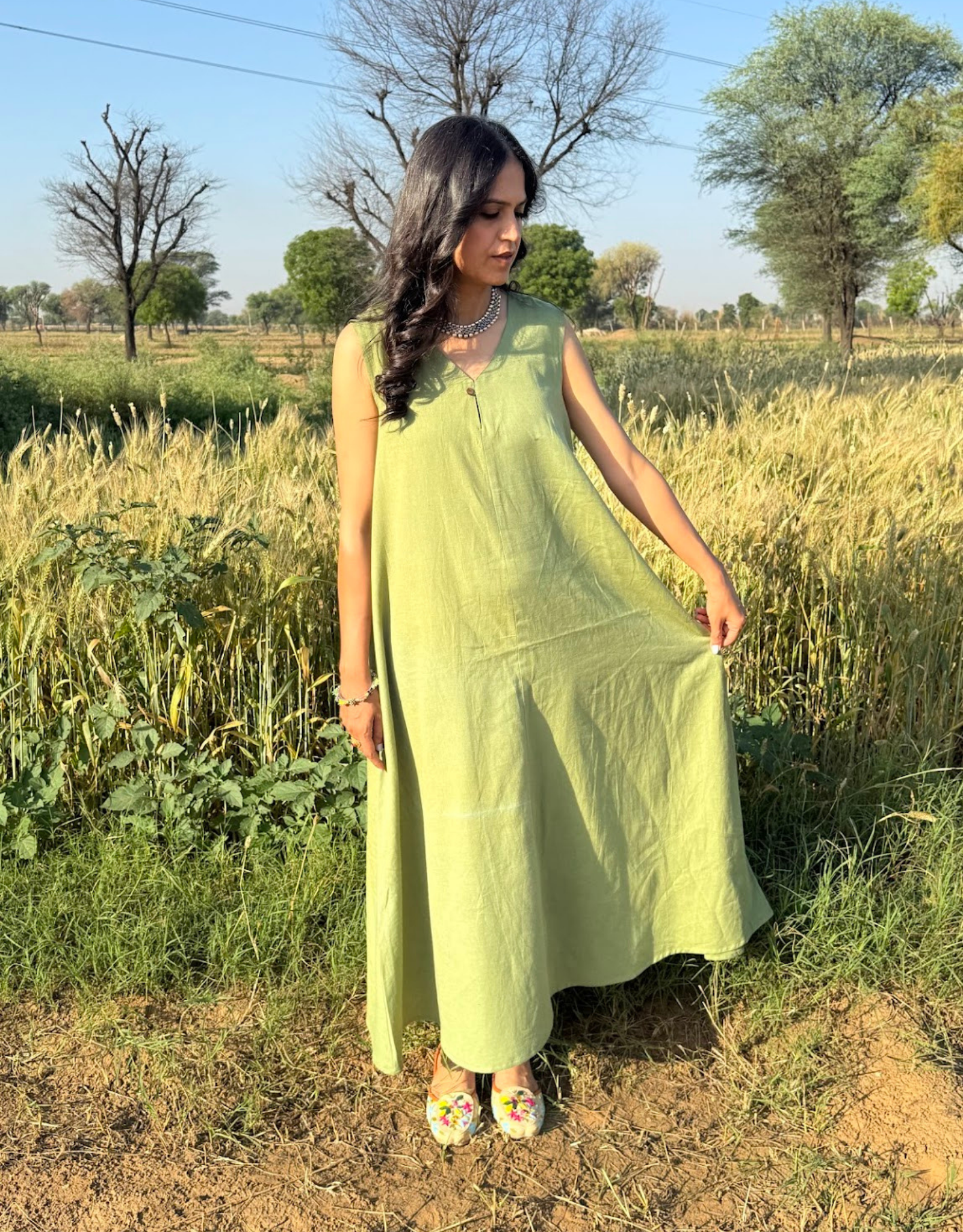 Light Green Cotton Flex Sleeveless Long Dress