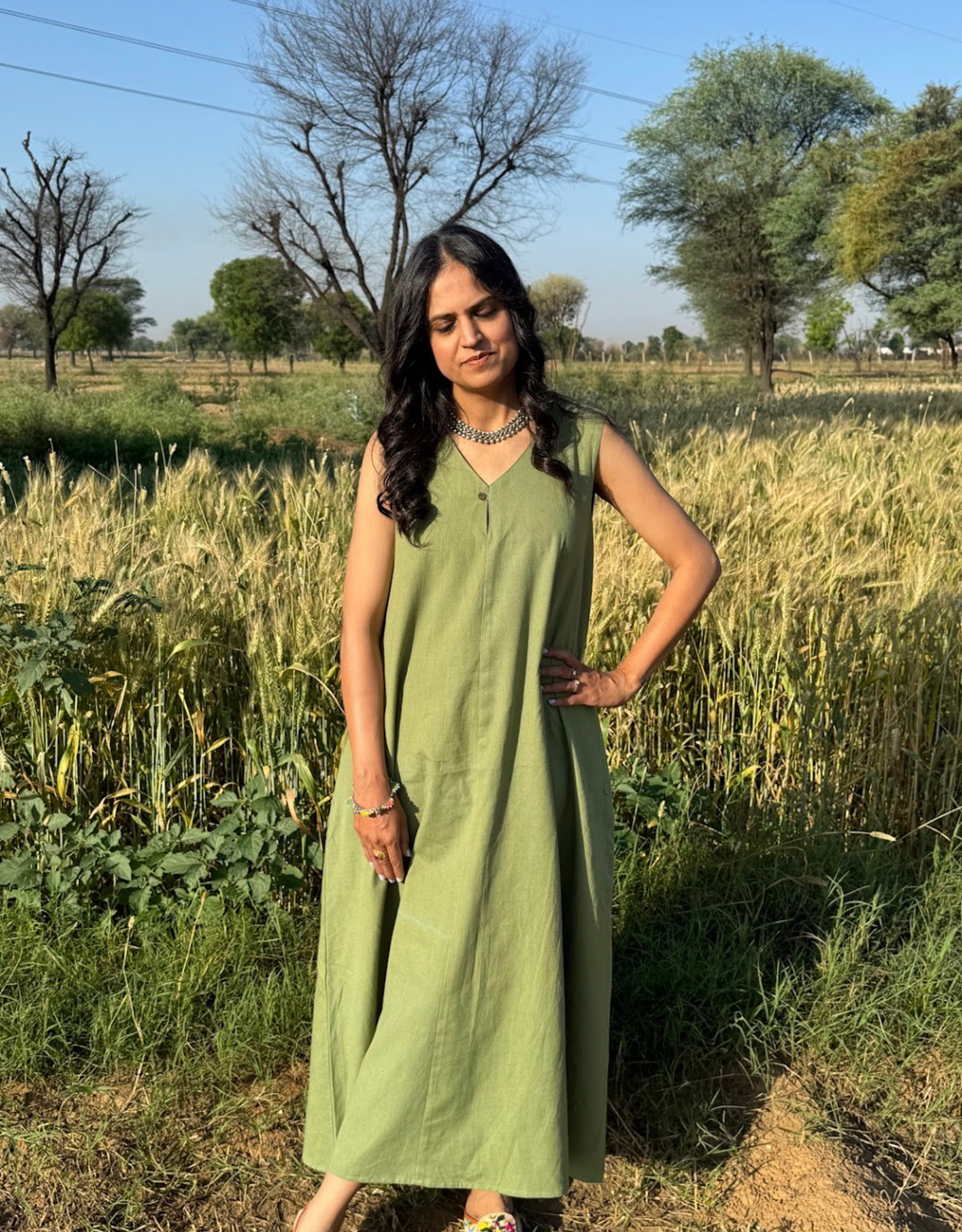 Light Green Cotton Flex Sleeveless Long Dress