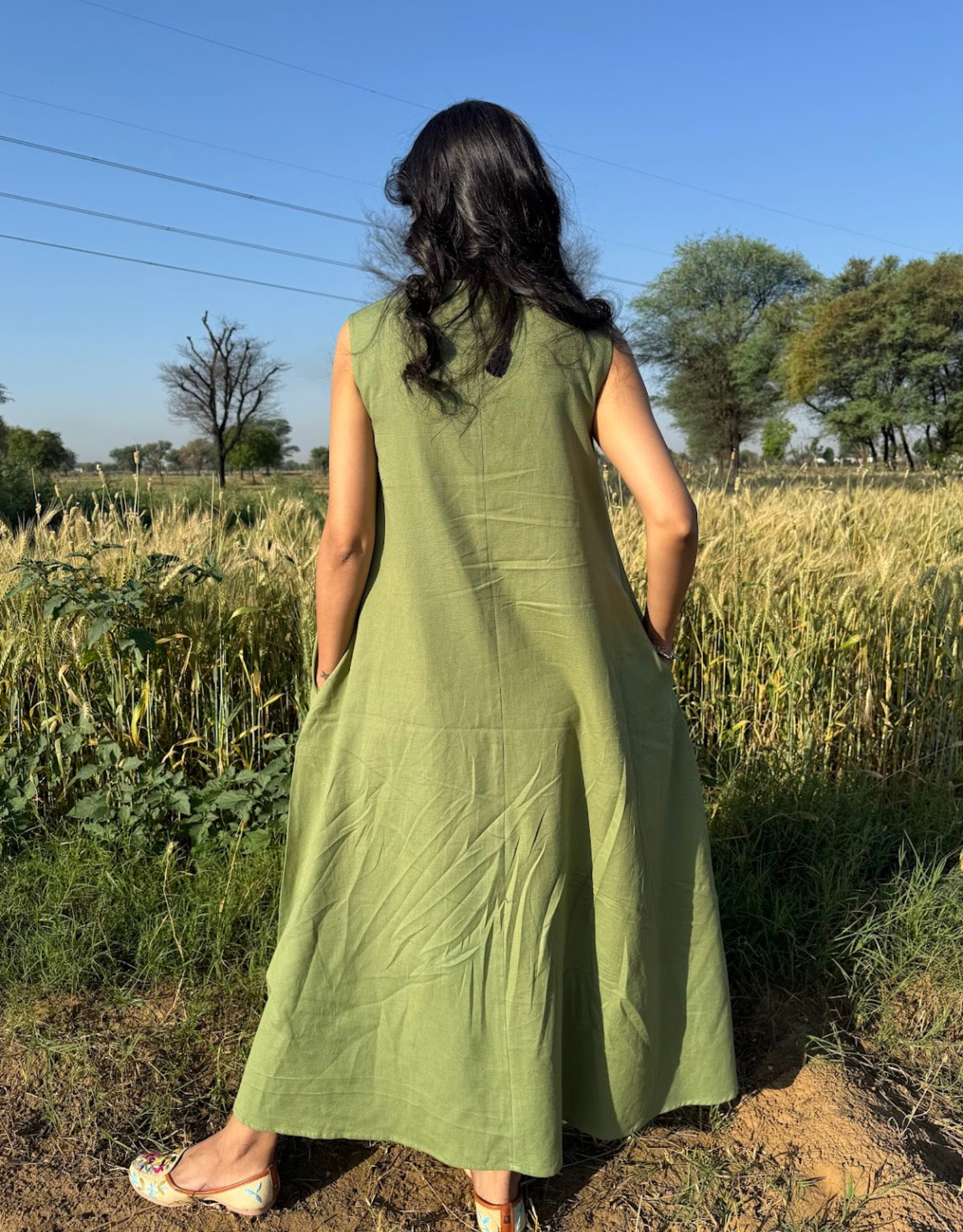 Light Green Cotton Flex Sleeveless Long Dress