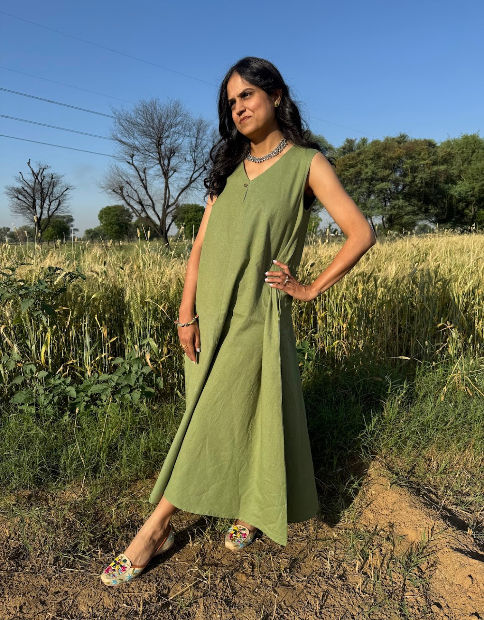 Light Green Cotton Flex Sleeveless Long Dress