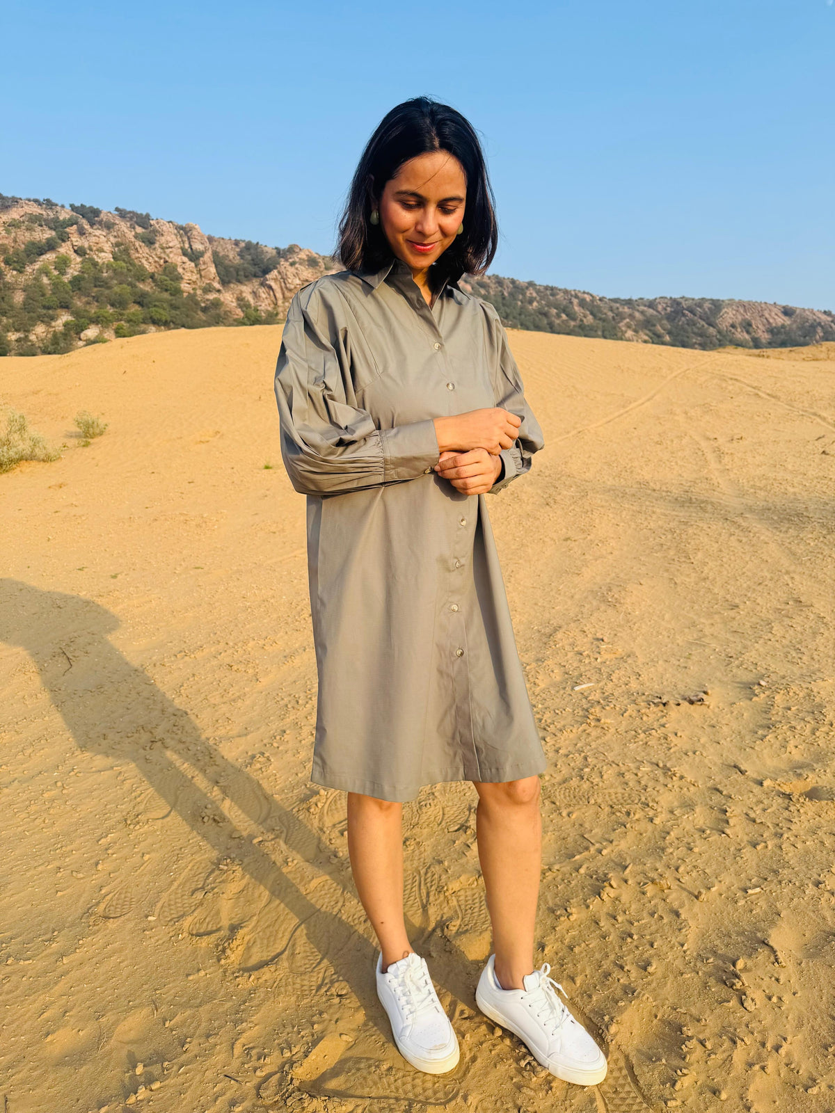 Stretch Ripstop Solid Gathered Dress - Light Brown