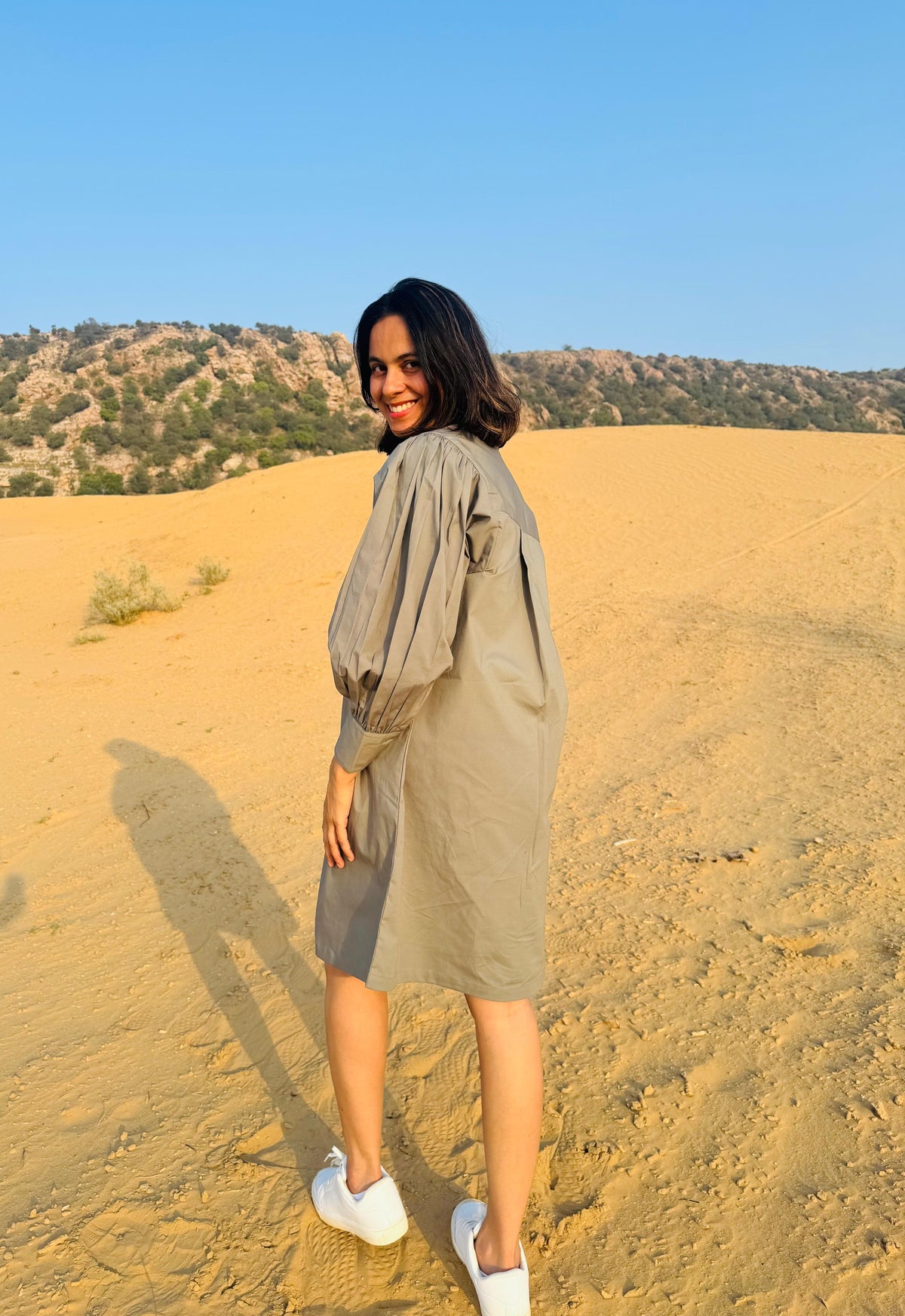 Stretch Ripstop Solid Gathered Dress - Light Brown