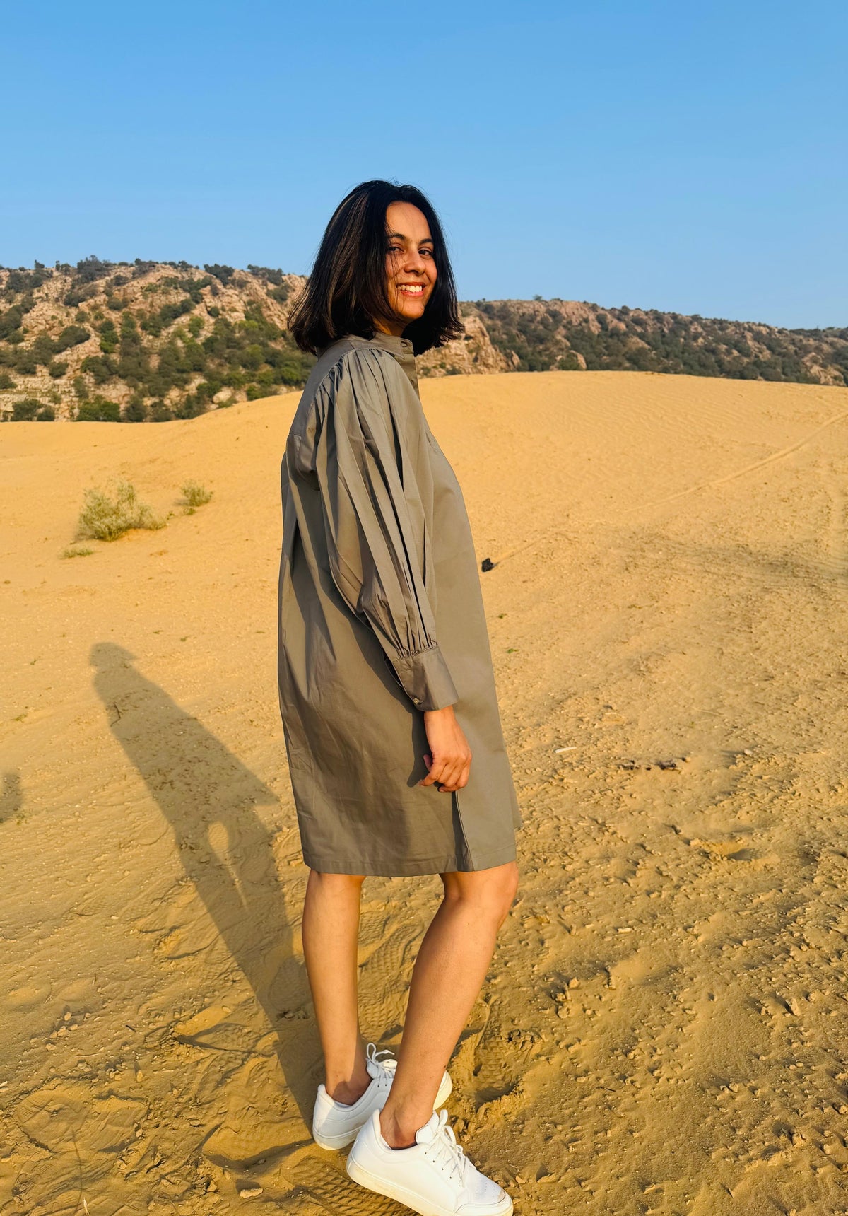 Stretch Ripstop Solid Gathered Dress - Light Brown
