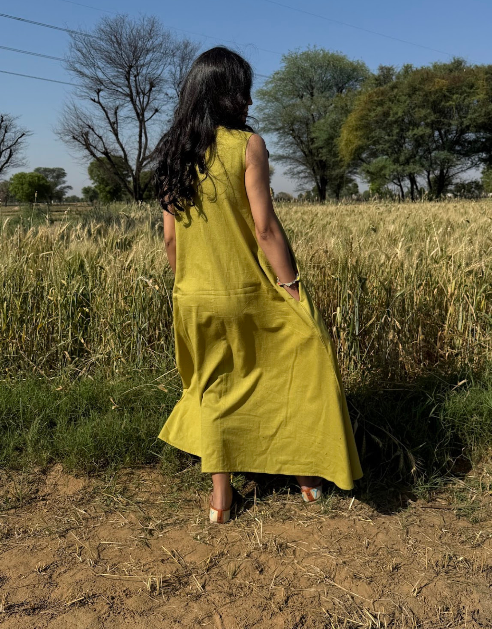 Lime Green Cotton Flex Sleeveless Long Dress