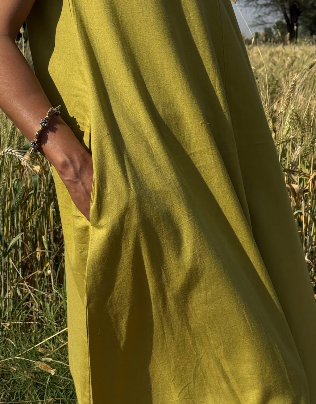 Lime Green Cotton Flex Sleeveless Long Dress