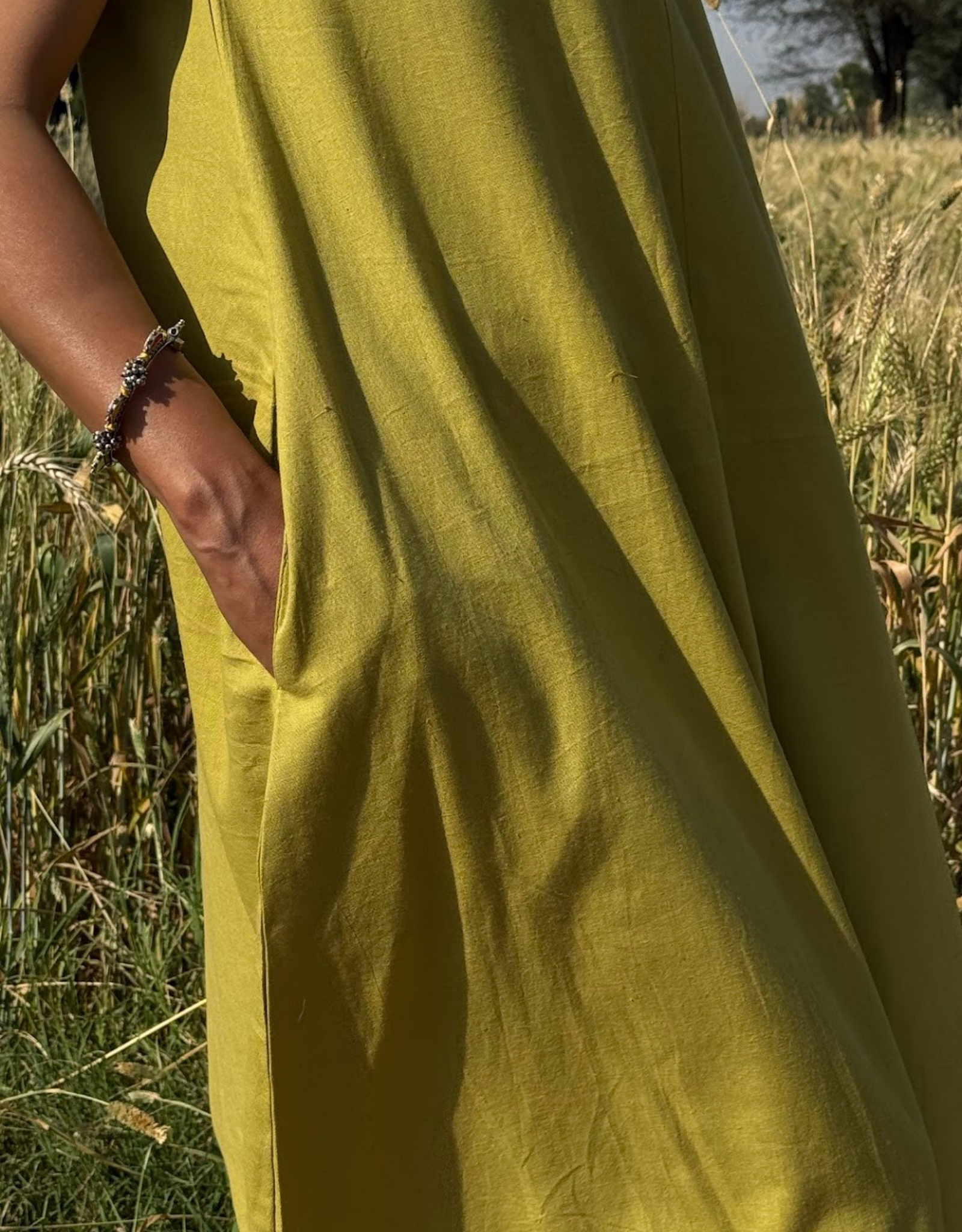 Lime Green Cotton Flex Sleeveless Long Dress