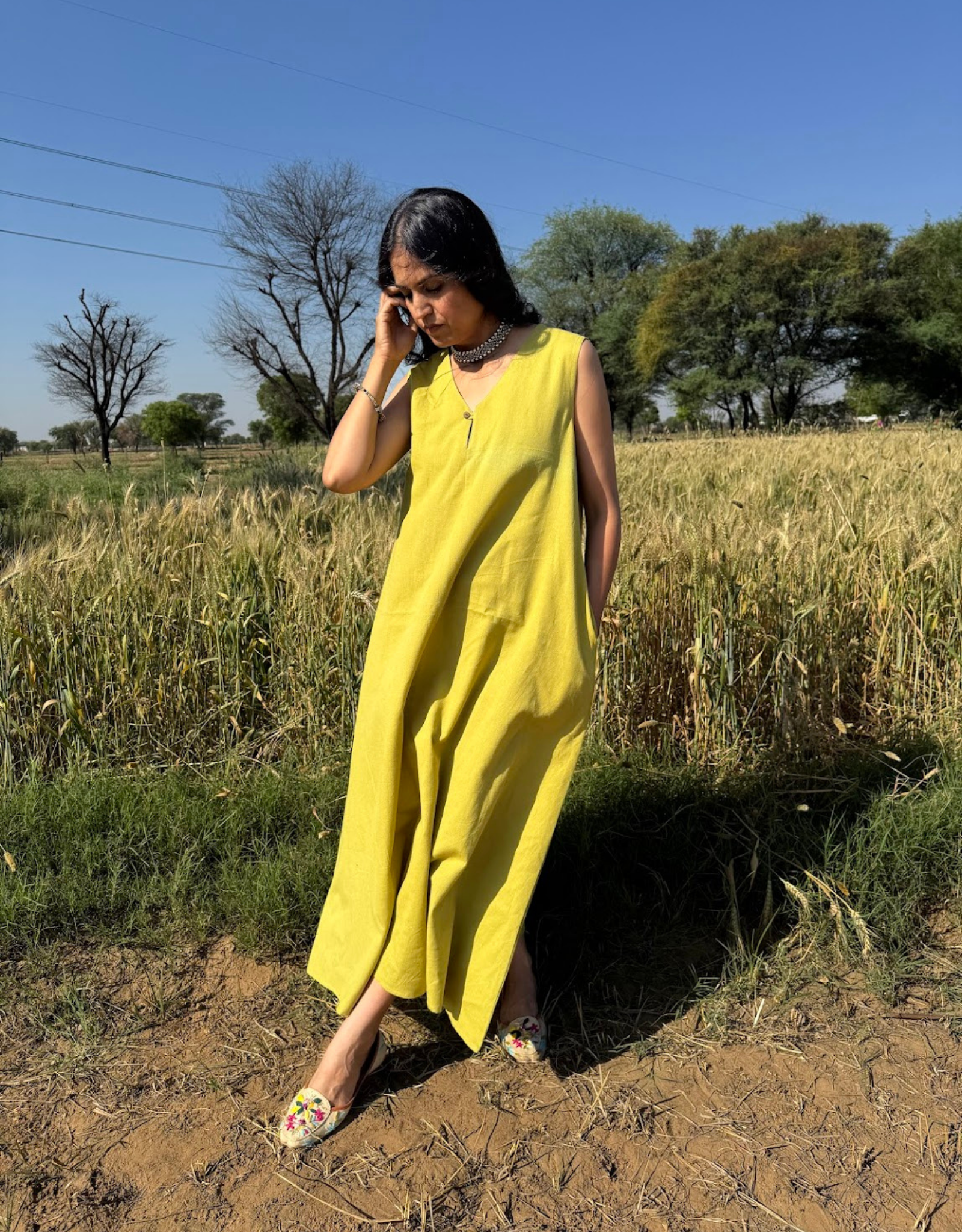 Lime Green Cotton Flex Sleeveless Long Dress